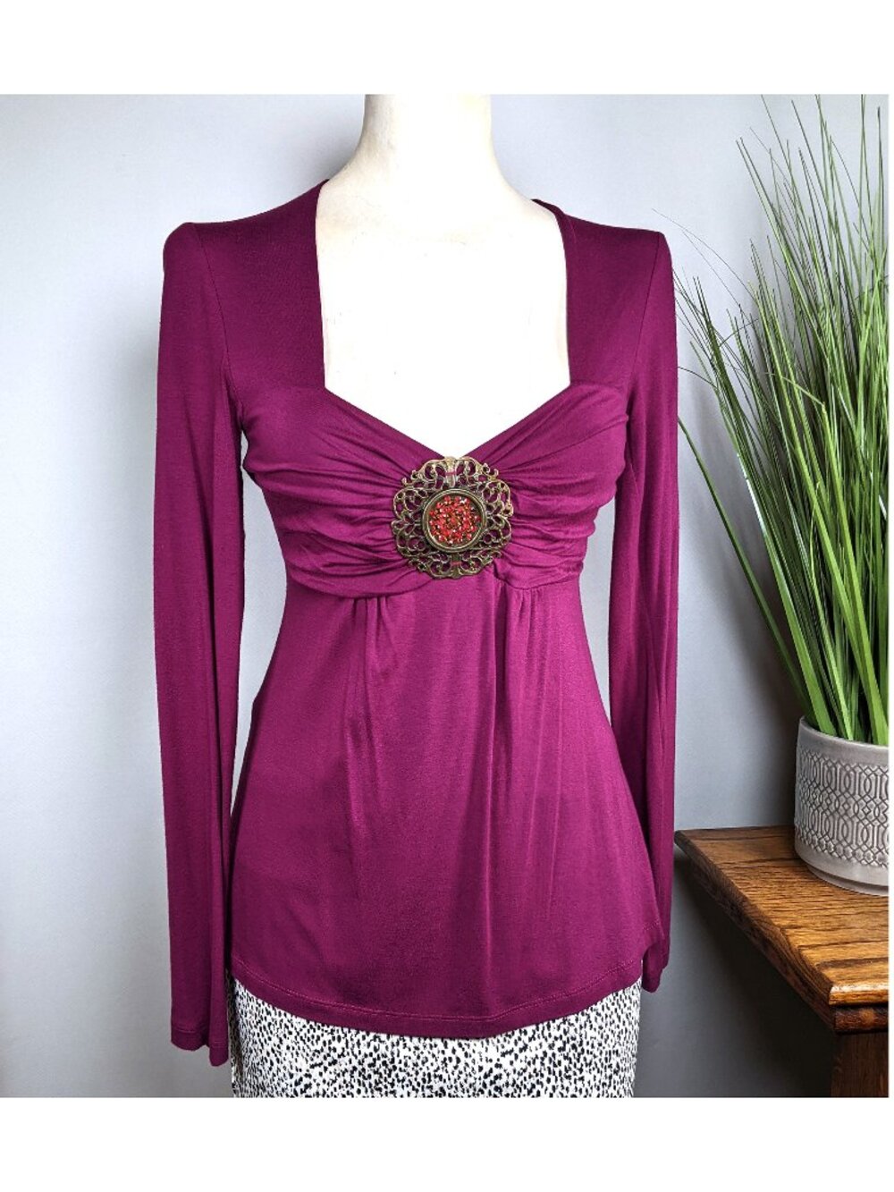 Vertigo Y2K ruched bodycon medallion Baby Doll stretch tunic top Sz M Purple